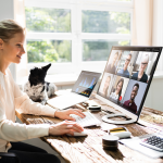 Smiling woman sits at desktop computer on in virtual chat room, with cat nearby in sunny home office