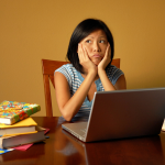 Women sits at laptop, head in hands, looking up, wondering how to fill her Twitter content buckets