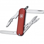 Red Swiss Army knife with four tools out