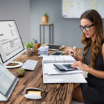 confident professional woman adds numbers and organizes papers at her computer