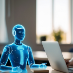 A blue hologram represents an AI tool to read invoices next to a laptop
