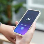 a cell phone screen reads "AI... How can I help you?"