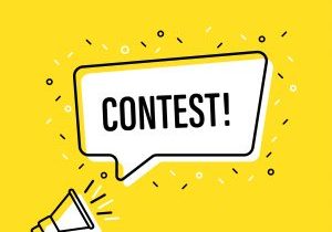 Yellow background with a white hand-draw megaphone and text bubble that says Contest